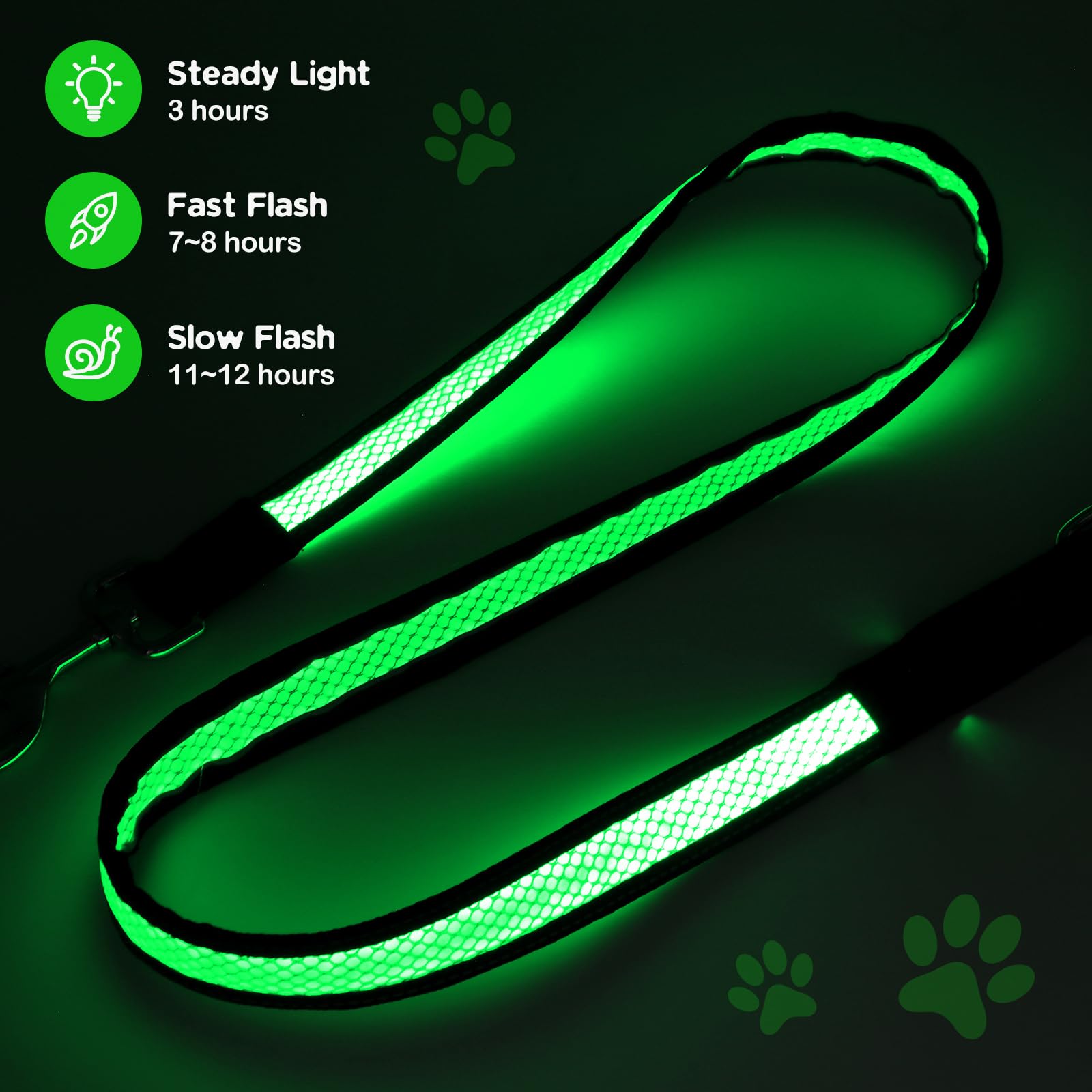 Candofly Correa LED para perro de 4 pies, recargable por USB, 3 modos de iluminación, brilla en la oscuridad, correas reflectantes de nailon para mascotas con luces para caminar por la noche (verde)