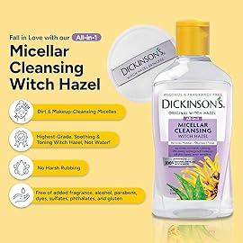 Dickinson\'s Micellar Cleansing Witch Hazel | 100% Natural Distilled Witch Hazel | Alcohol & Fragrance Free | Makeup Remover, Skin Cleanser, Facial Toner | Removes Dirt, Oil, Makeup | 8 Fl Oz