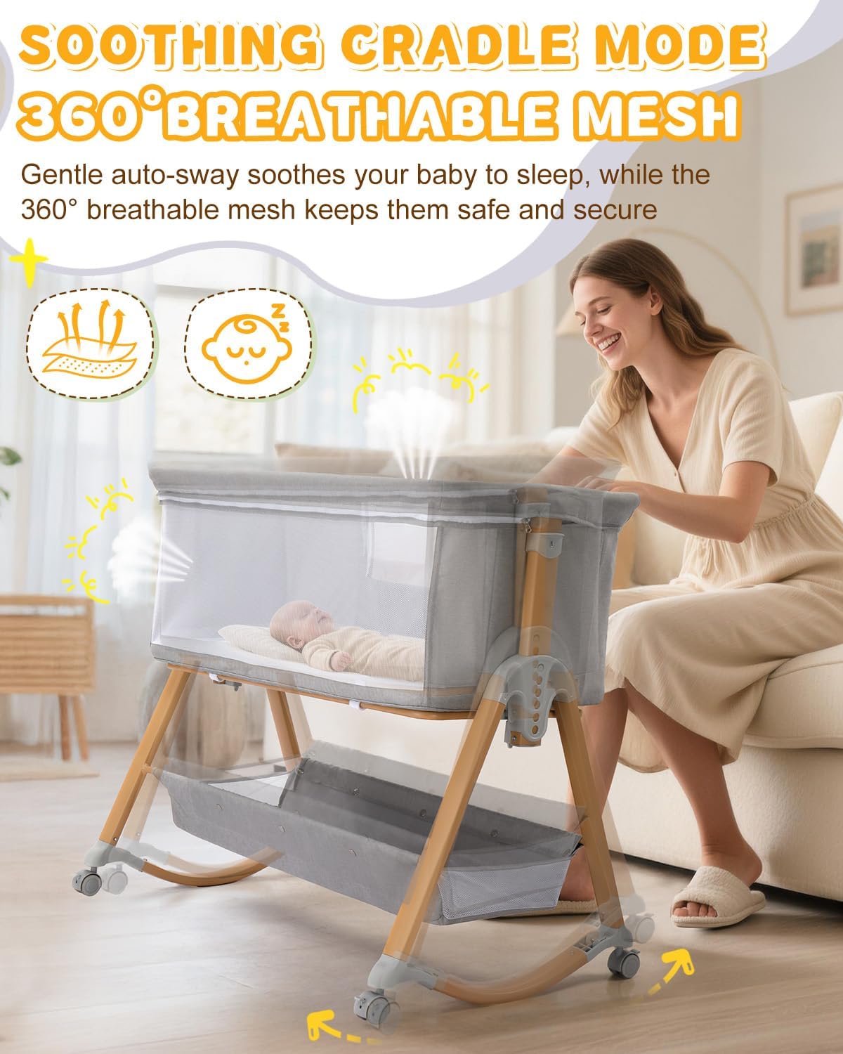 Ktaxon 5 in 1 Baby Bassinet Bedside Sleeper, Rocking Bedside Bassinet with Wheel, Removable Mattress, 6 Adjustable Heights, Large Storage Basket, Airflow Mesh, Fast Folding for Newborn (Light Grey)