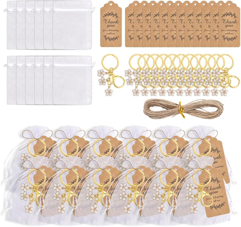 25Set Flower Keychain Party Favor Bulk Keychains Bridal Baby Shower Decorations Thank You For Showering Us With Thank You Tags Keychains Organza Bags For Flower Wedding Bachelorette