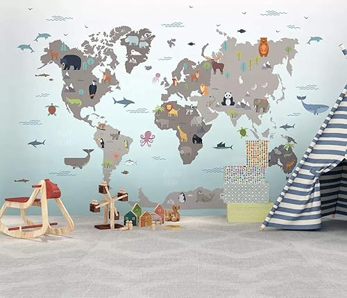 Miniatura 5 de Murwall Kids Wallpaper Child World Map Wall Mural Animals Wall Art Childroom Wall Decor Nursery Boys Bedroom Kindergarten Wall
