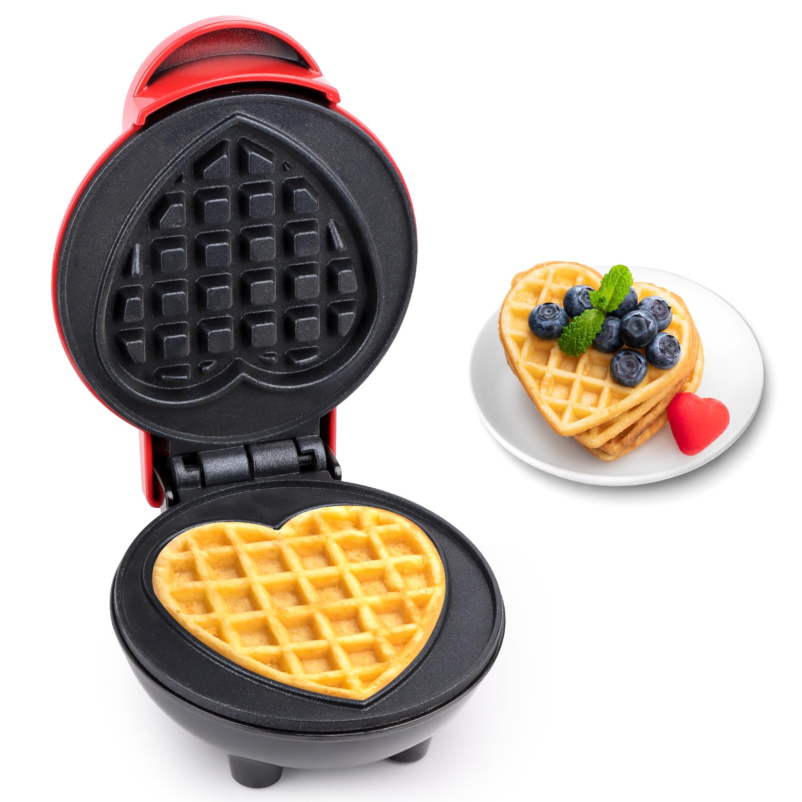 Mini Gofrera en Forma de Corazón, RISVOWO 350W Maquina de Gofres con Antiadherente, Gofreras Eléctrica para Cumpleaños Infantiles, Fiestas Familiares, Pascua o Navidad Mini waffle Iron Heart Shape