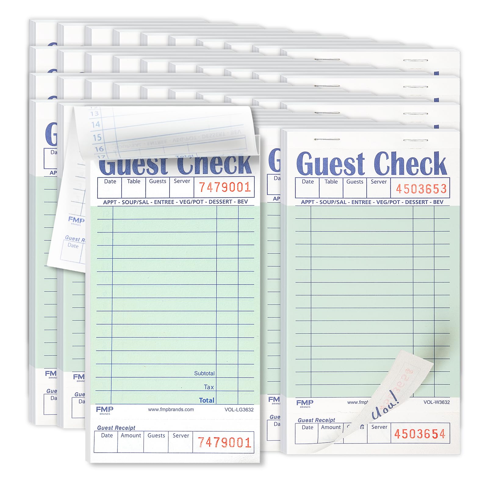 Bloc de notas de una sola pieza para restaurantes, 1 parte perforada, color verde y blanco, con parte inferior para recibos de invitados, para bares, cafeterías y pedidos de restaurante