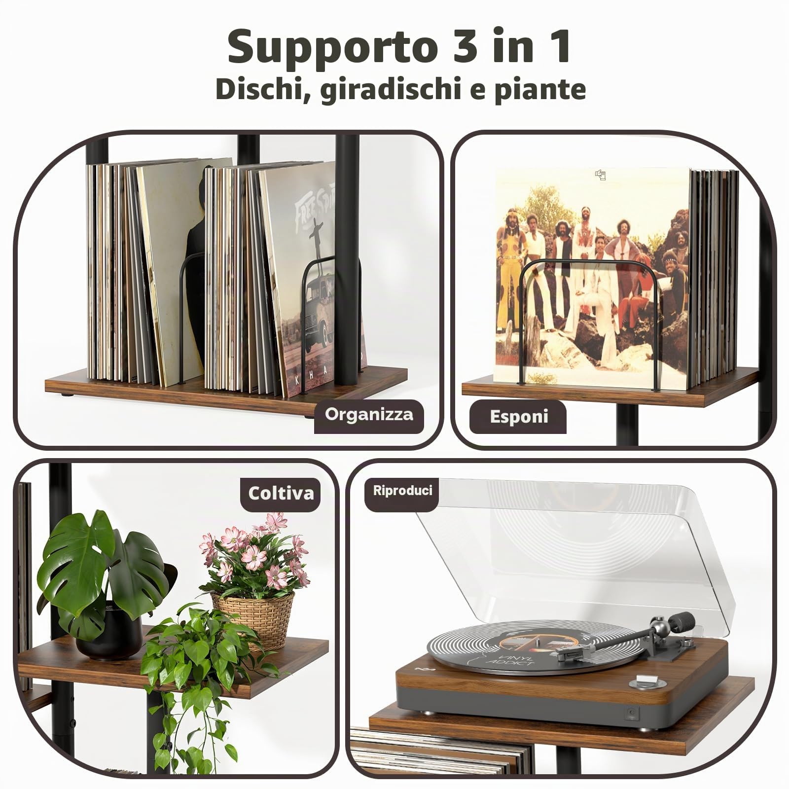 Bikoney Mobile Porta Giradischi con Scaffale per Vinili, Tavolo in Legno per Giradischi con Organizer LP, Espositore e Organizer Dischi per Spazi Ridotti, Appartamenti, Camera da Letto e Soggiorno