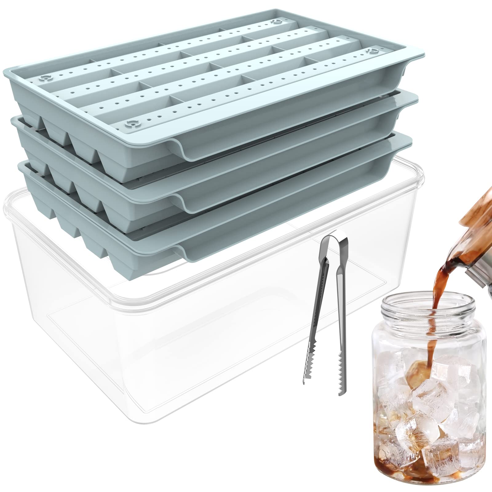 Ice Cube tray with lid and bin(3 Pack), 1.2'' Ice Cube Mold, Hexagon Ice Tray Making 96PCS Ice Cubes for Chilling Cocktails, Whiskey, Bourbon,Juice (3Pack Ice trays & Ice Bin & Tong)