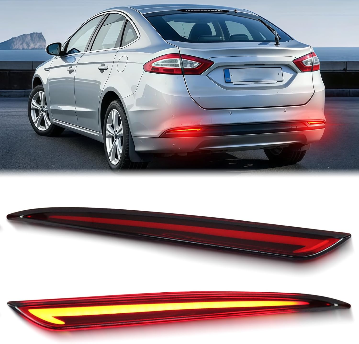 Red Lens LED Rear Reflector Bumper Turn Signal Brake Lamp Fog Light Assembly Compatible With Ford Fusion 2013-2020 Modeo Tail Light (Smoked)