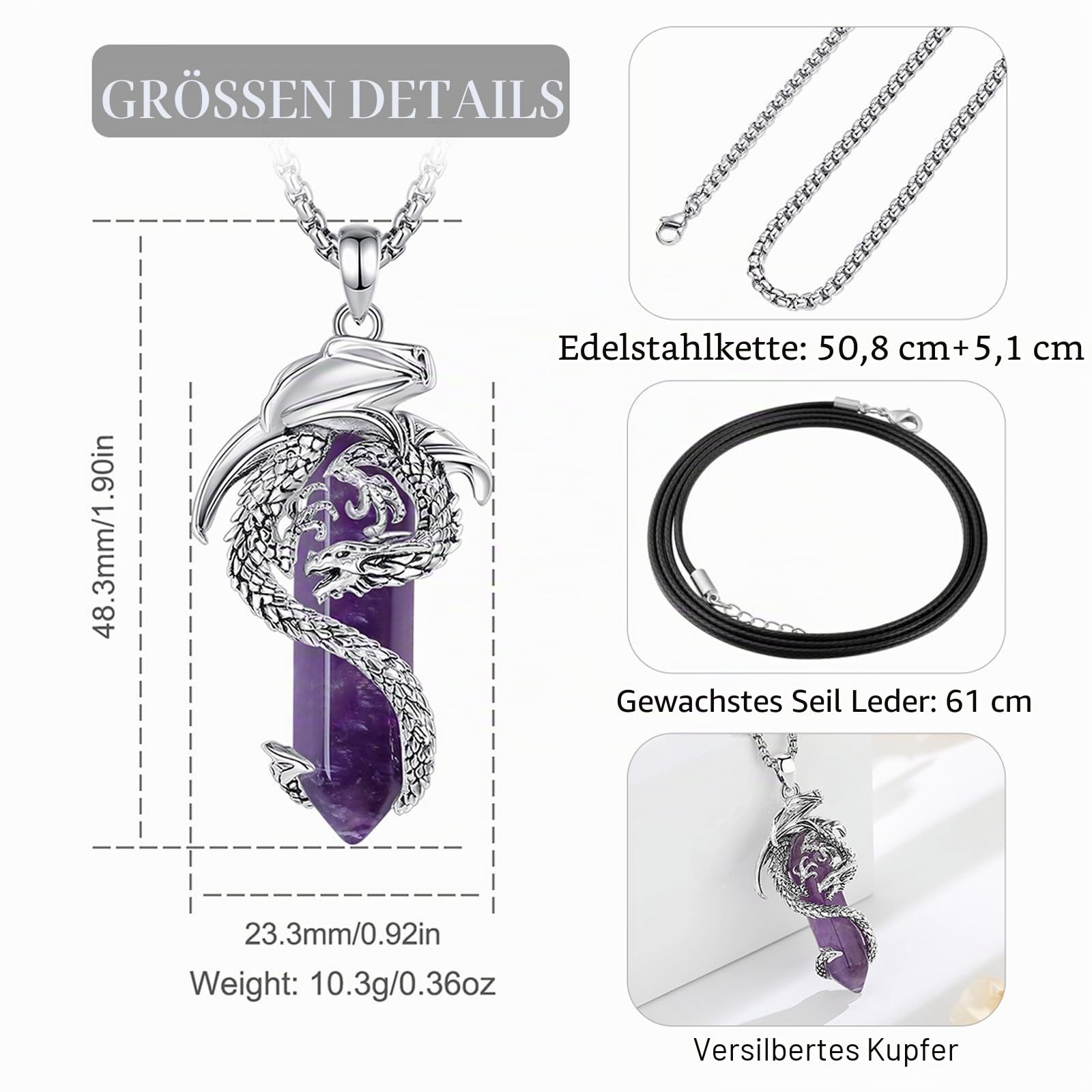 Drachen Kette für Damen Herren, Vintage Drachen Wikinger Halskette Anhänger Gothic Amulett Energie Schmuck Geschenk für Frauen Herren Papa Mutter, 20" +24"