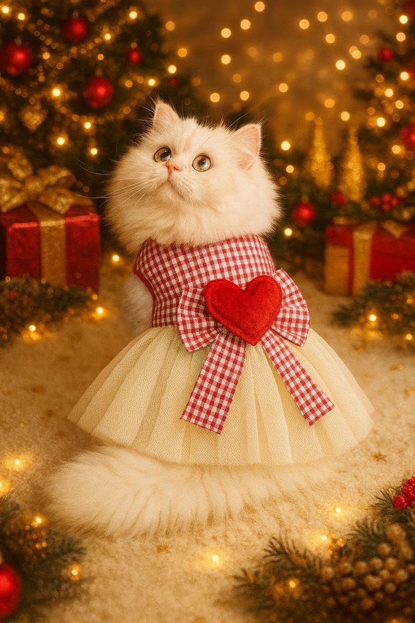 Christmas & Valentine Heart Bow Tulle Dress for Cats & Dogs| Red Heart Bow Summer Dress for Cats & Dogs for All Breeds & Sizes. (Red & White, 40) Pet