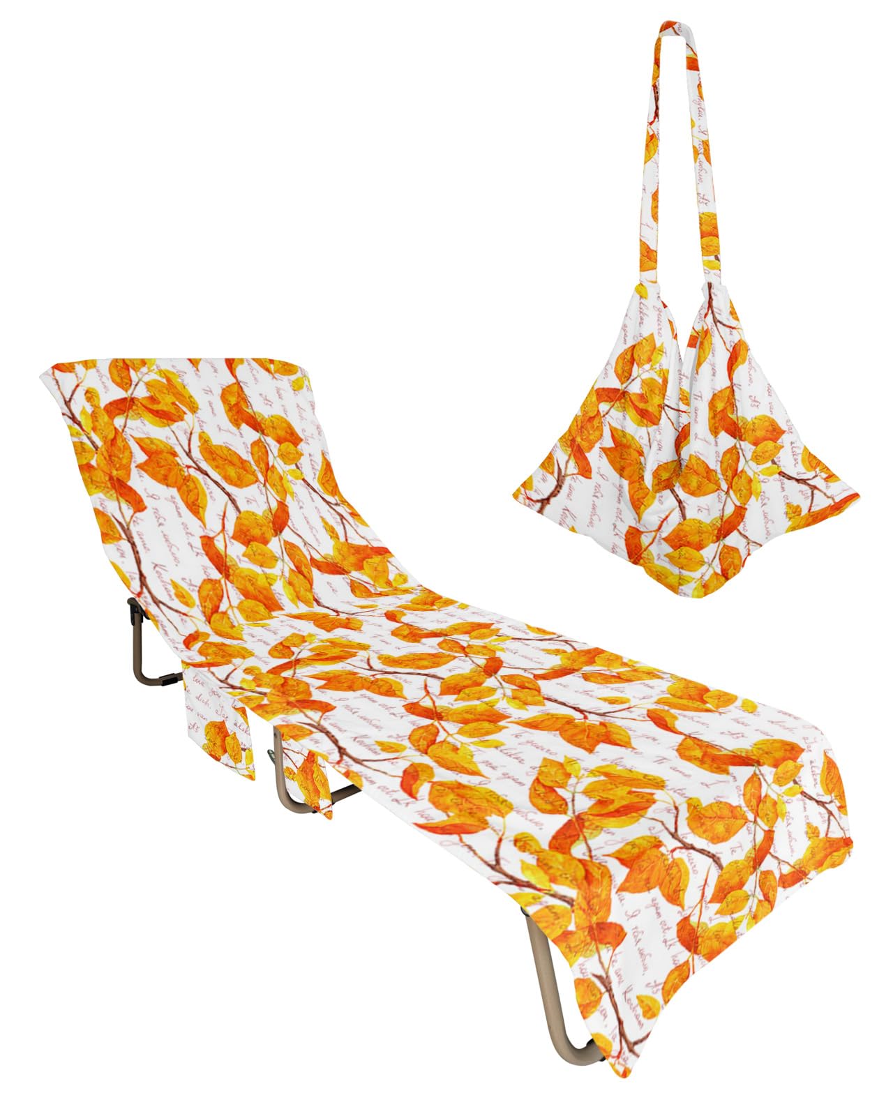 Orang Leaves, Beach Lounge Chair Towel Cover, Soft Chaise Lounge Towel with Side Pockets Patio Pool Chairs Cover for Beach/Pool Sunbathing 29x85 Fall Maple Leaf Autumn Seasonal Classics