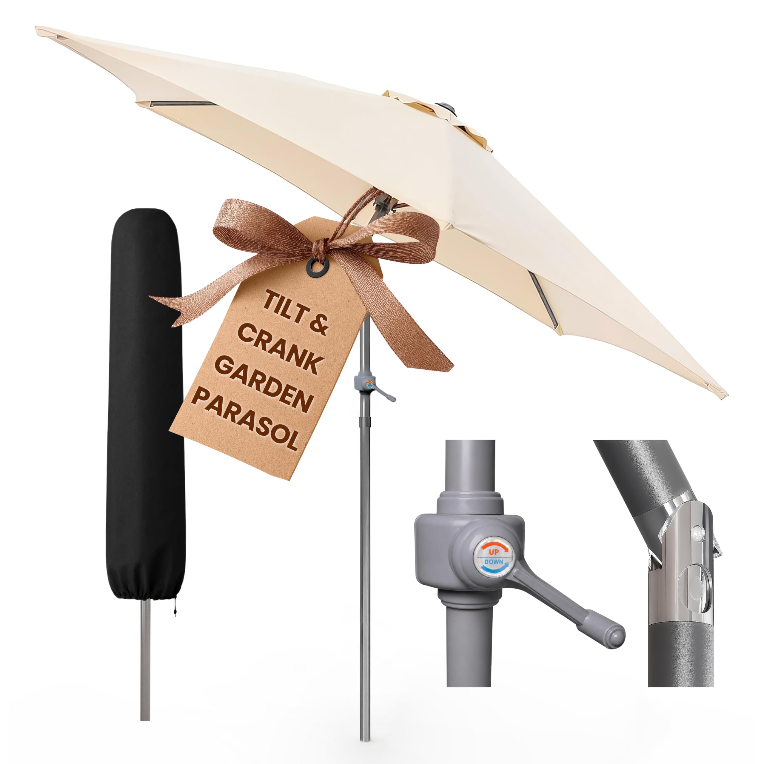 Garden Mile 2m Garden Parasol Crank Handle Steel Patio Umbrella Cream