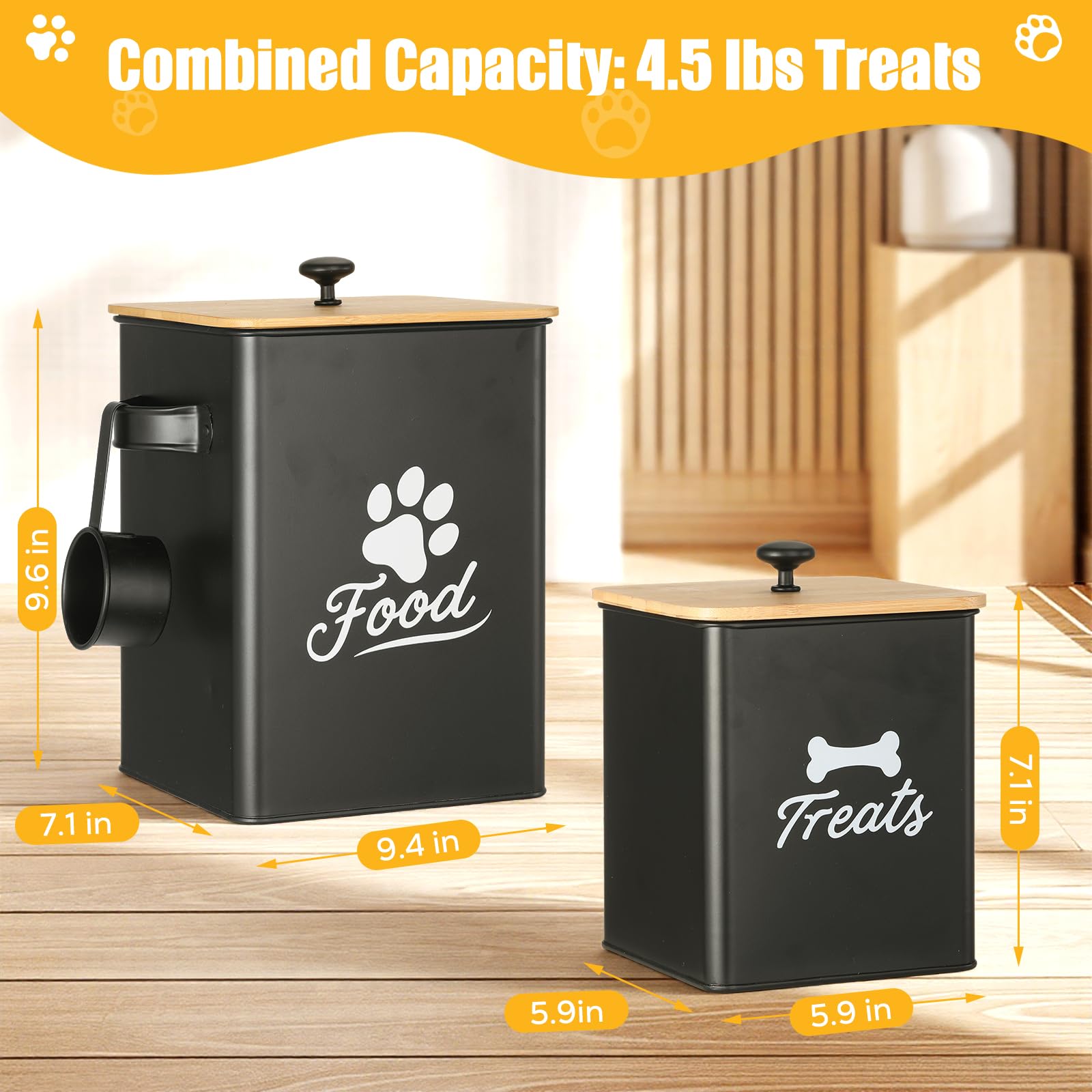 Contenitori per Biscotti per Cani Set da 2, Barattoli in Metallo con Coperchi Ermetici, Contenitore per Alimenti per Animali da Cucina, Mantenimento Freschezza Snack, 24×18×24,5 cm, Nero