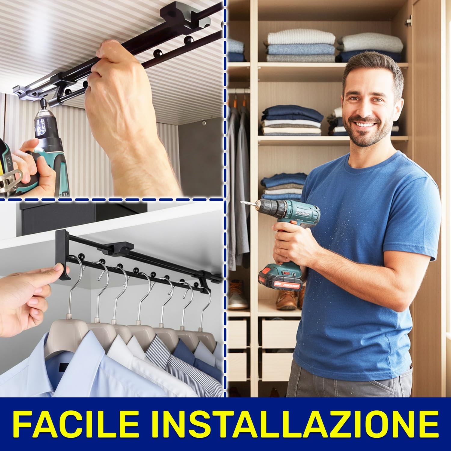 2x Appendiabiti Estraibile per Armadio 450 mm Carico Massimo 15 kg | Barra Appendiabiti Estensibile Realizzato in Acciaio - Garanzia di 10 Anni - MONTERAL