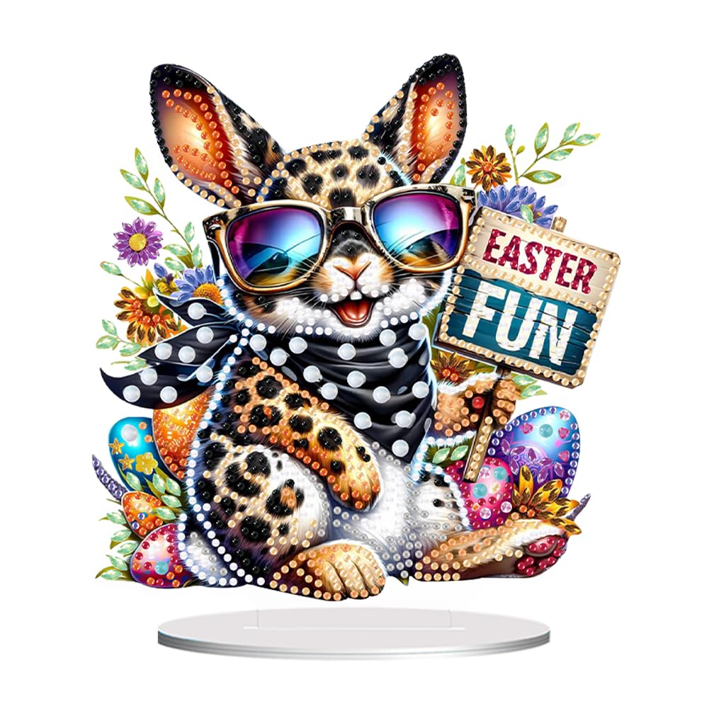 Easter Diamond Art Painting Desktop Kit with Stand, Special Shaped Diamond Art Tabletop Ornament, DIY Decor Craft Gift for Adults Beginners(Easter Flower Rabbit-02)