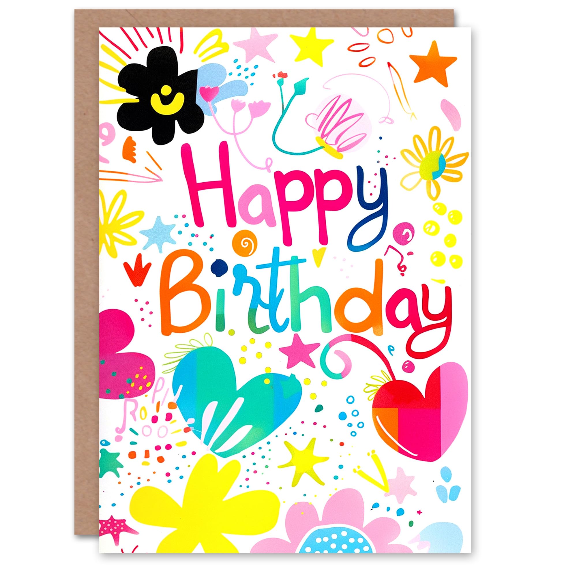 Artery8 Birthday Card Colourful Child Drawing Lovehearts Flowers For Her Gran Sister Niece Daughter Wife Woman Greeting Card