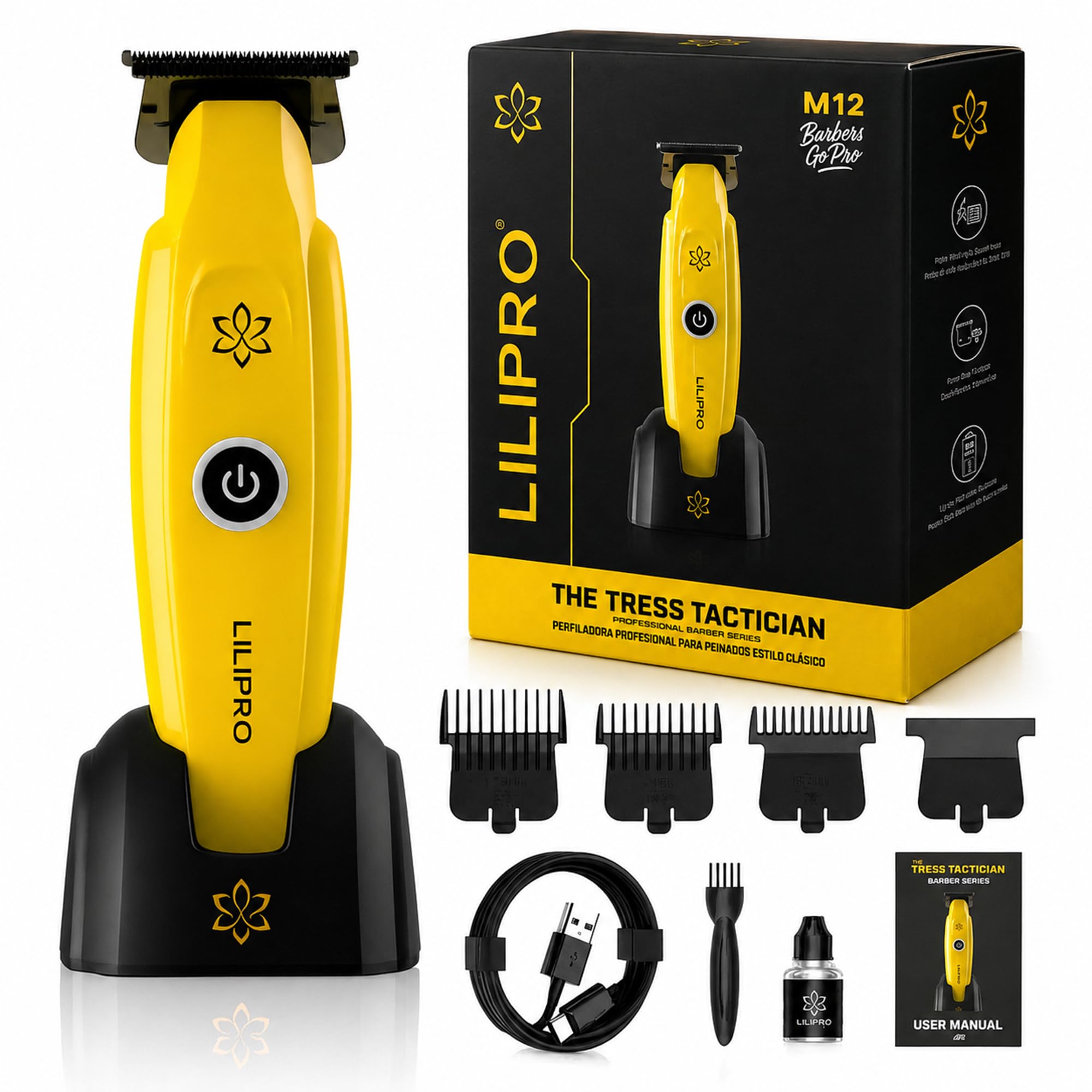 M12 Profi Herren Haarschneider & Barttrimmer | Professional Hair & Beard Trimmer – Zero-Gap DLC-T-Blade, 7500+ RPM, Kabellos, USB-C, 2000 mAh Akku, Leise & Präzise, Für Barber & Zuhause (Gelb)