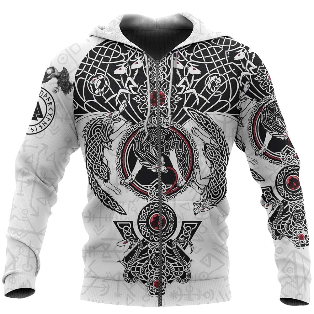 Sweat à capuche Viking pour homme avec impression 3D Odin et loup nordique style motard blanc 4XL