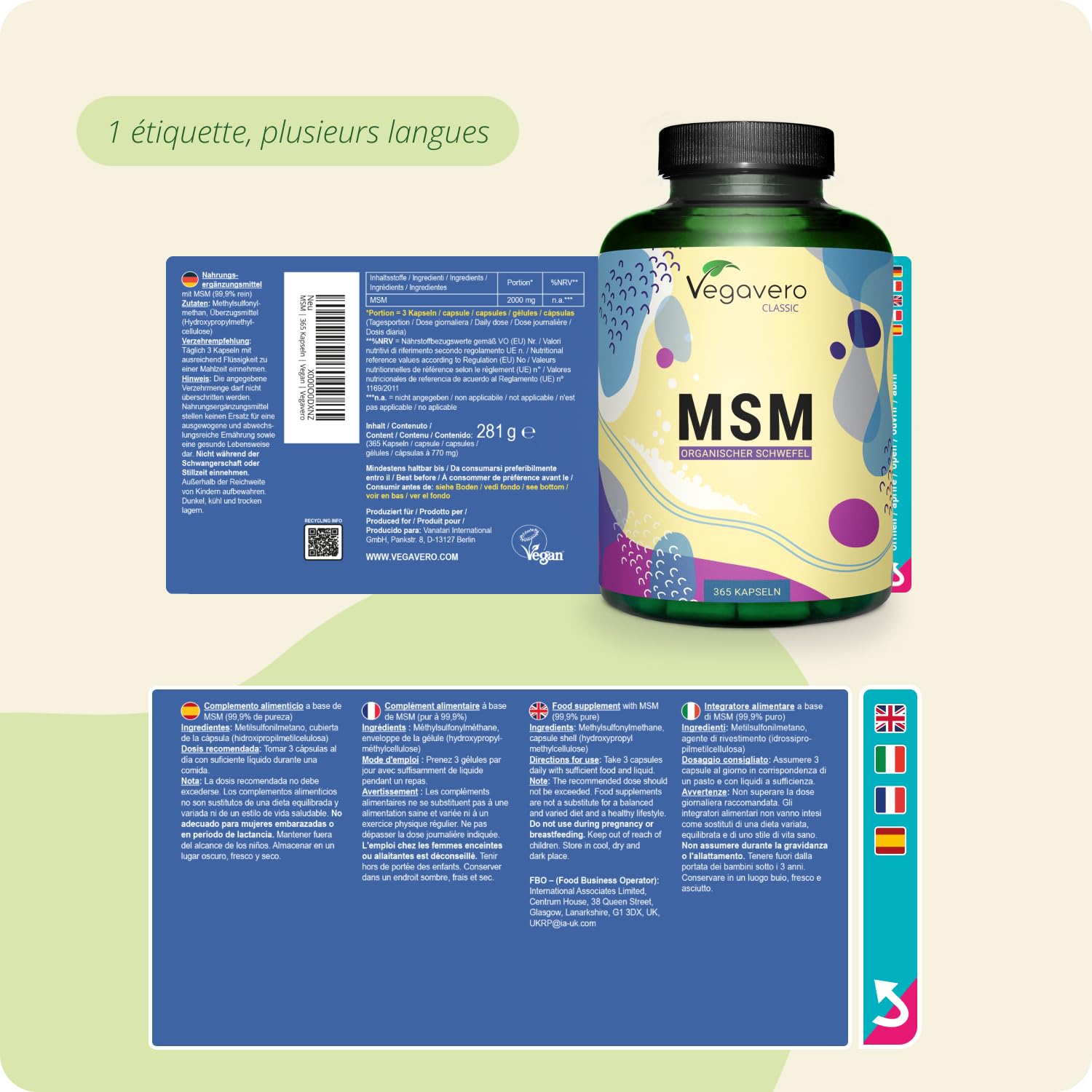 MSM Vegavero® | 365 Gélules | 2000 mg | Soufre Organique Pur à 99,9% | Douleurs Articulaires + Formation de Collagène | Sans Additifs & Vegan | Testé en Laboratoire