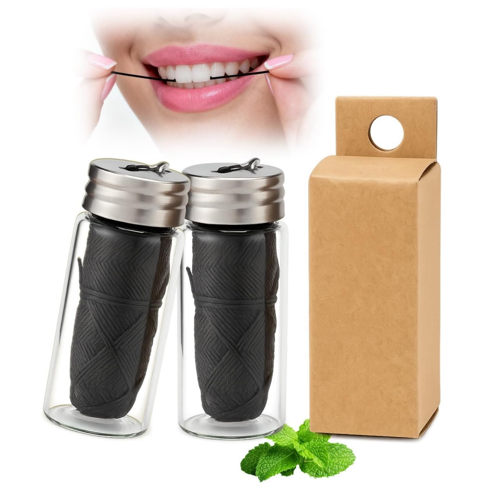 2PCS Natural Mint Bamboo Charcoal Dental Floss,Dental Floss Tape,Satin Flo-Ss,Plastic Free Toothfloss for Fresh Flavour and Easy Glide Feeling,for Teeth Cleaning,Remove Stains,Mint Flavour(30m)