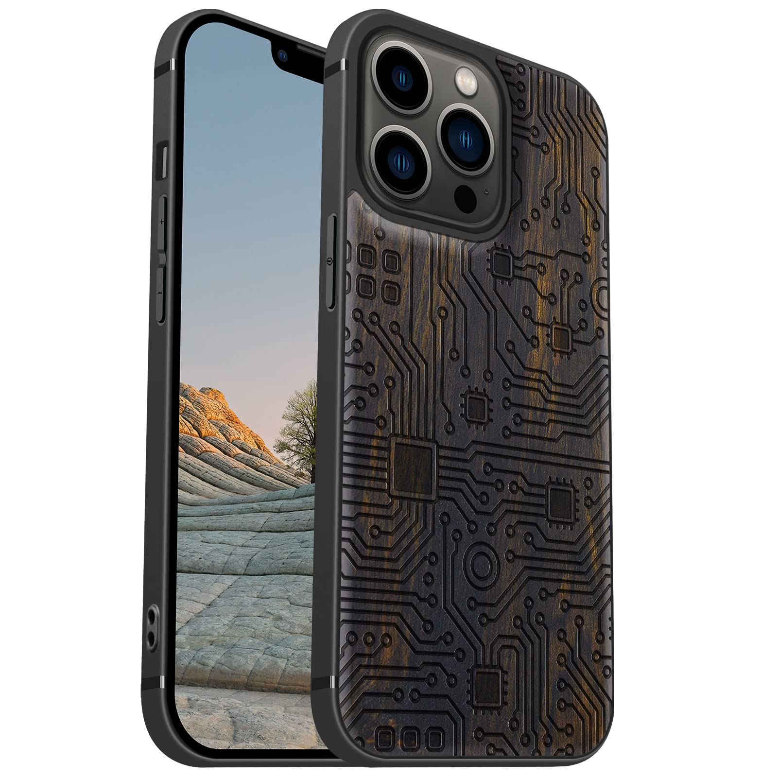 Carveit Magnetic Wood Case for iPhone 13 Pro Case [Natural Wood & Black Soft TPU] Unique & Classy Wooden Shockproof Protective Cover Compatible with