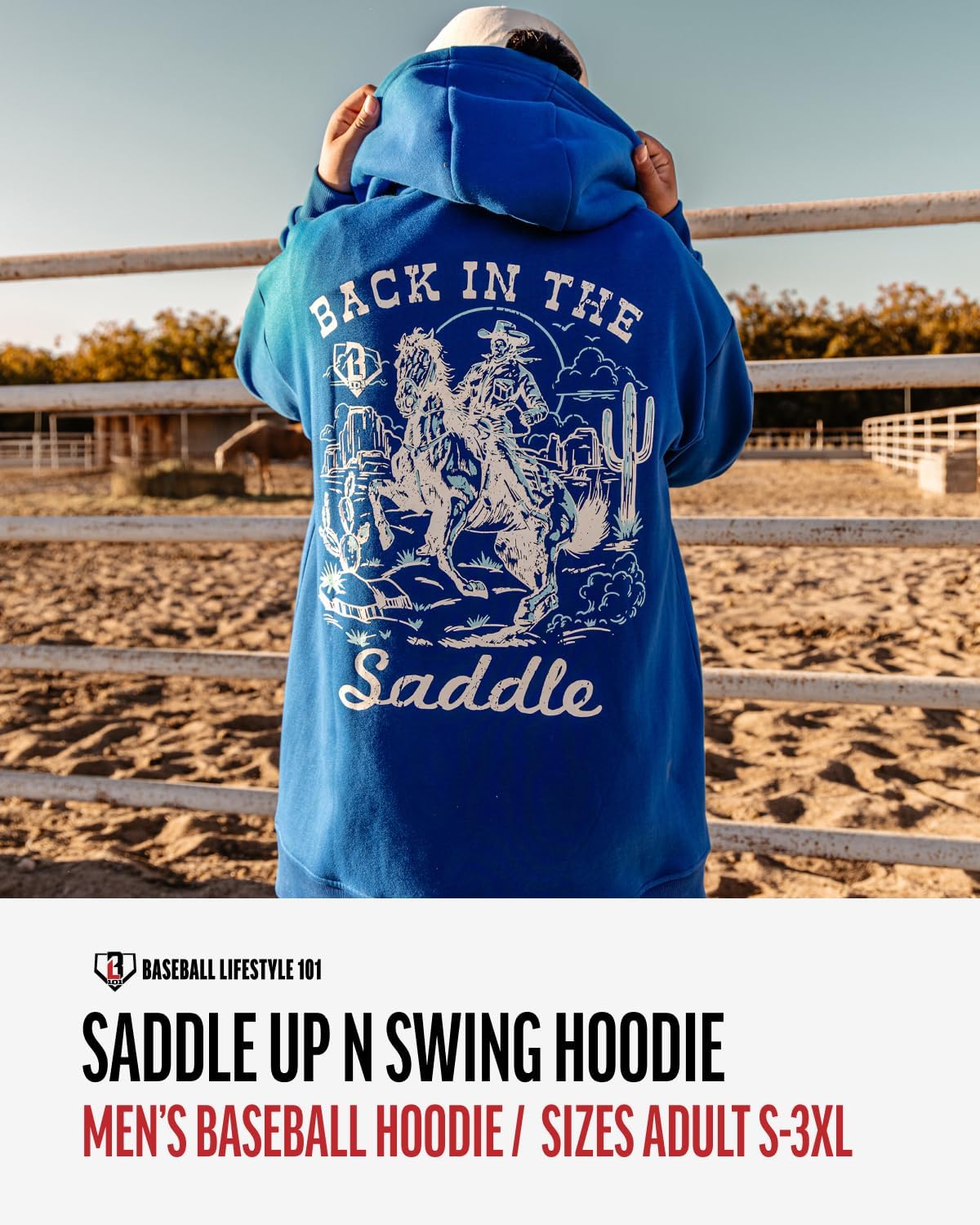 Baseball Lifestyle 101 Saddle UP N Swing Hoodie with Front pouch pocket, Adult Sizes S - 3XL