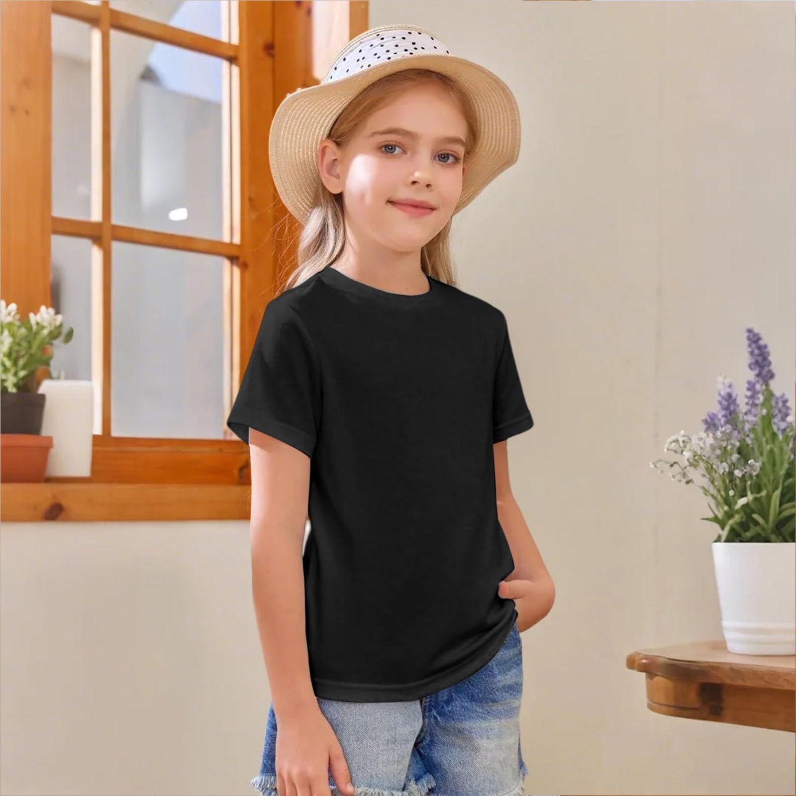 T-shirt à manches courtes en coton pour filles col rond haut basique enfants