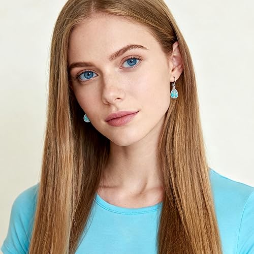 Miniatura 7 de Eusense Aretes colgantes de piedra lunar turquesa con piedra natal para mujer, plata de ley con forma de pera, árbol de la vida, animales, joyería