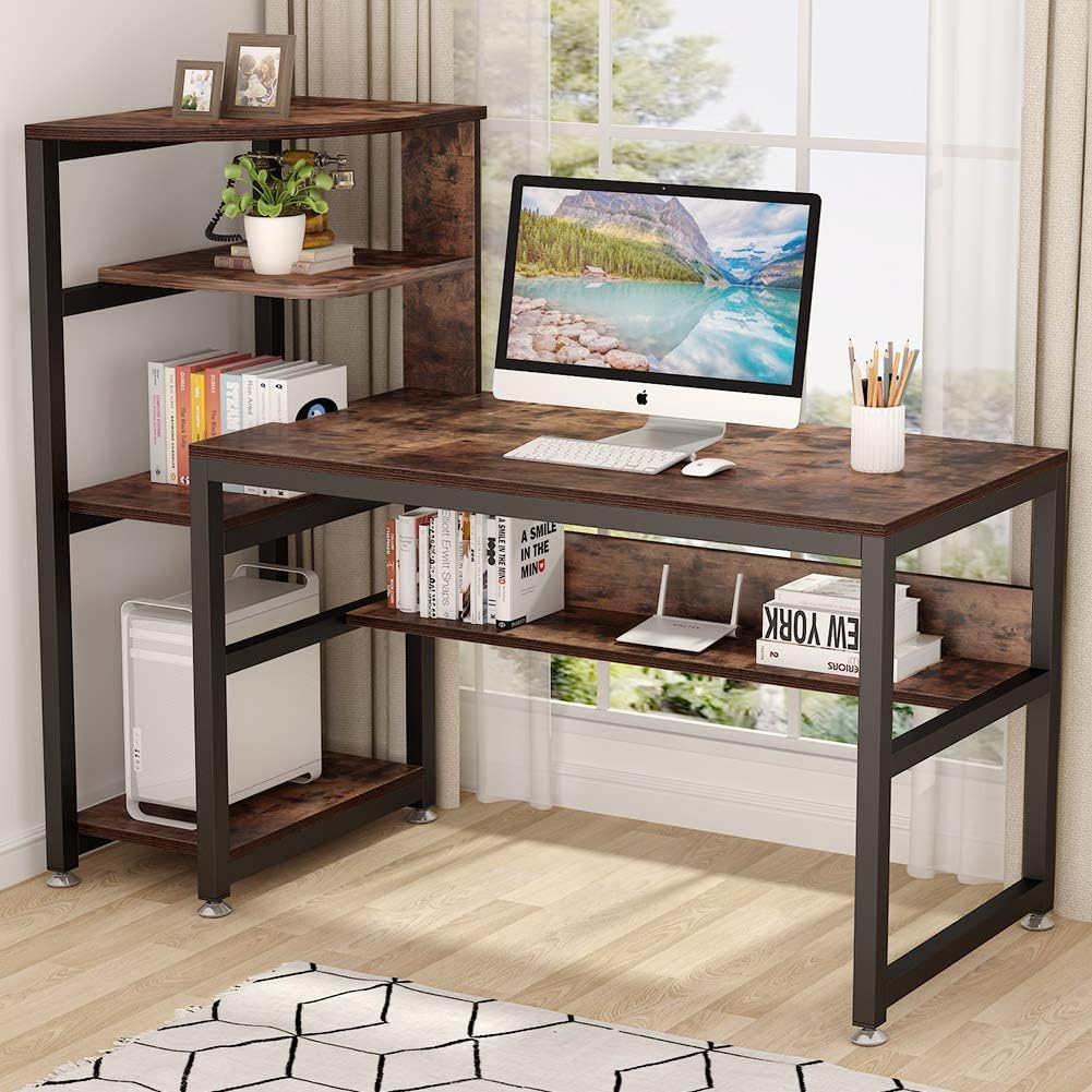 Tribesigns Rustic Computer Desk with 4-Tier Storage Shelves, 58 inch Large Industrial Office Desk Study Writing Table Workstation with Bookshelf for Home Office(Brown)