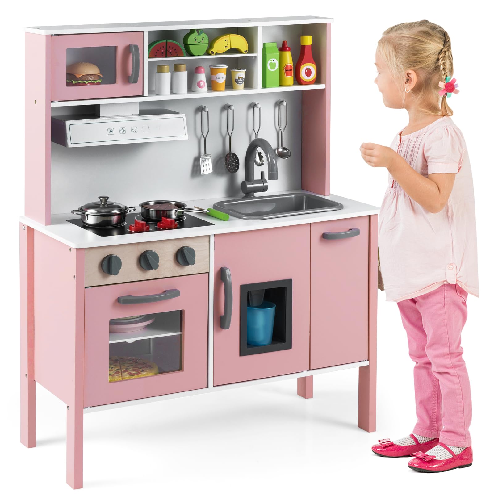 Maxmass Wooden Kids Play Kitchen, Toddler Role-play Cooking Playset with Ice Maker, Cookware Utensils, Cuttable Fruits, Range Hood, Children Pretend Kitchen for Boys Girls (Light Pink)