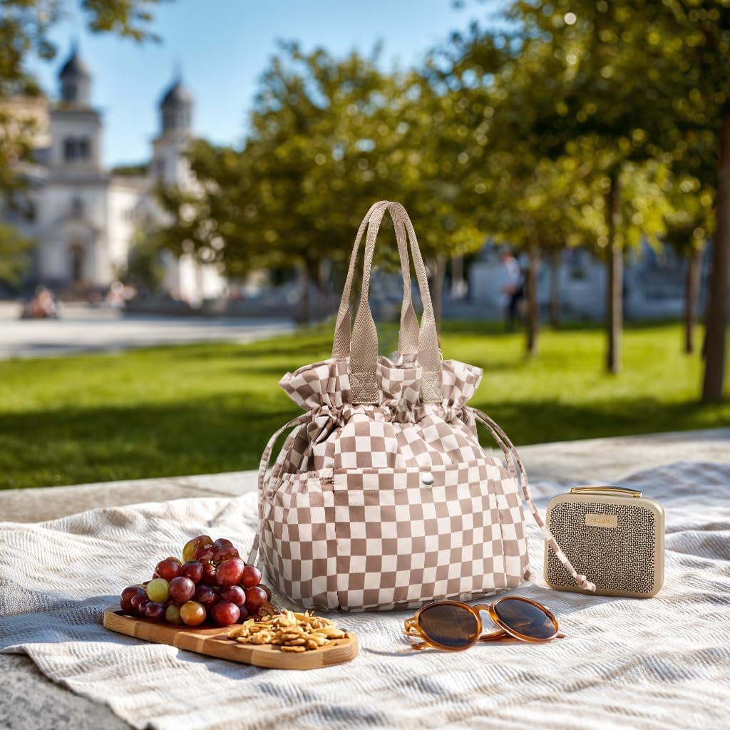 Yarnic Lunch Bag Women Insulated Lunch Bags,Cute Reusable Lunch Box Stain-Resistant Lunchbox with Water Bottle Holder for Adult Men Work Travel Picnic (Beige Coffee Checker) - Image 6