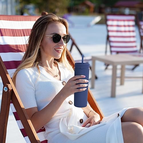 Miniatura 62 de Volhoply Paquete de 4 vasos delgados de plástico de 20 onzas, vaso de doble pared con tapa y pajilla, taza de café helado de viaje, reutilizable