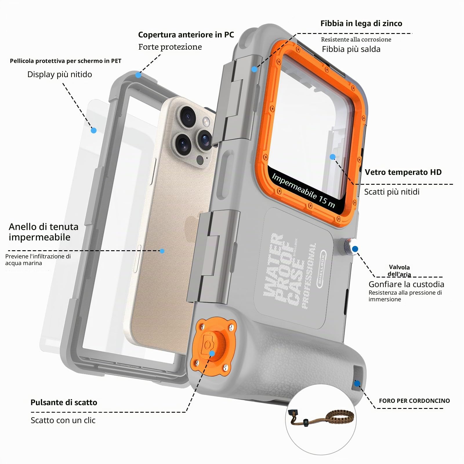 Custodia Impermeabile Smartphone IPX8 Porta custodia cellulare impermeabile 15m Subacquea compatible per iPhone 17 Air 16e 14 15 16 17 Pro 14 15 16 17 Pro max 14 Plus 12 13 Mini