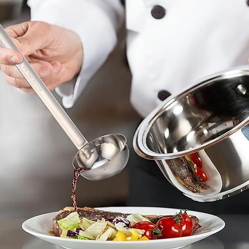 Vista 48 de meekoo Cucharón de acero inoxidable con mango de sopa con borde de vertido para cocina, cocina, salsa de sopa (4 onzas)