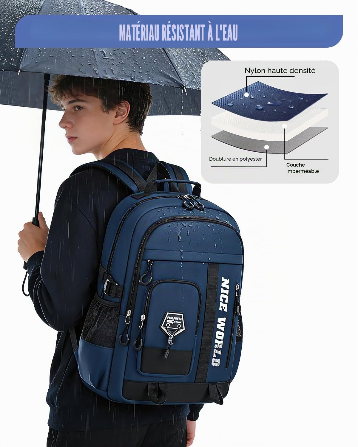 Amythe Sac à Dos Garçon Adolescent - Cartable Garçon Collège Lycée Grande Capacité 29L - Sac à Dos Scolaire Moderne Imperméable Léger 10-22 Ans pour École, Voyage, Noël, Bleu
