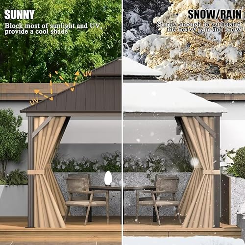 Miniatura 6 de Domi - Cenador de metal con techo rígido de 12 x 12 pies, kiosco de aluminio para exteriores con doble techo de acero galvanizado, cortina y red,