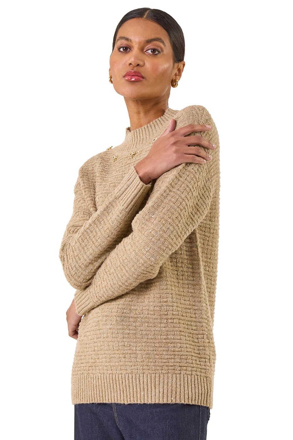 Roman Originals Sequin Bow Embellished Knit Jumper for Women UK - Ladies Everyday Autumn Winter Round Neckline Comfy Soft Evening Vacation Work Party Night Out - Taupe - Size 12