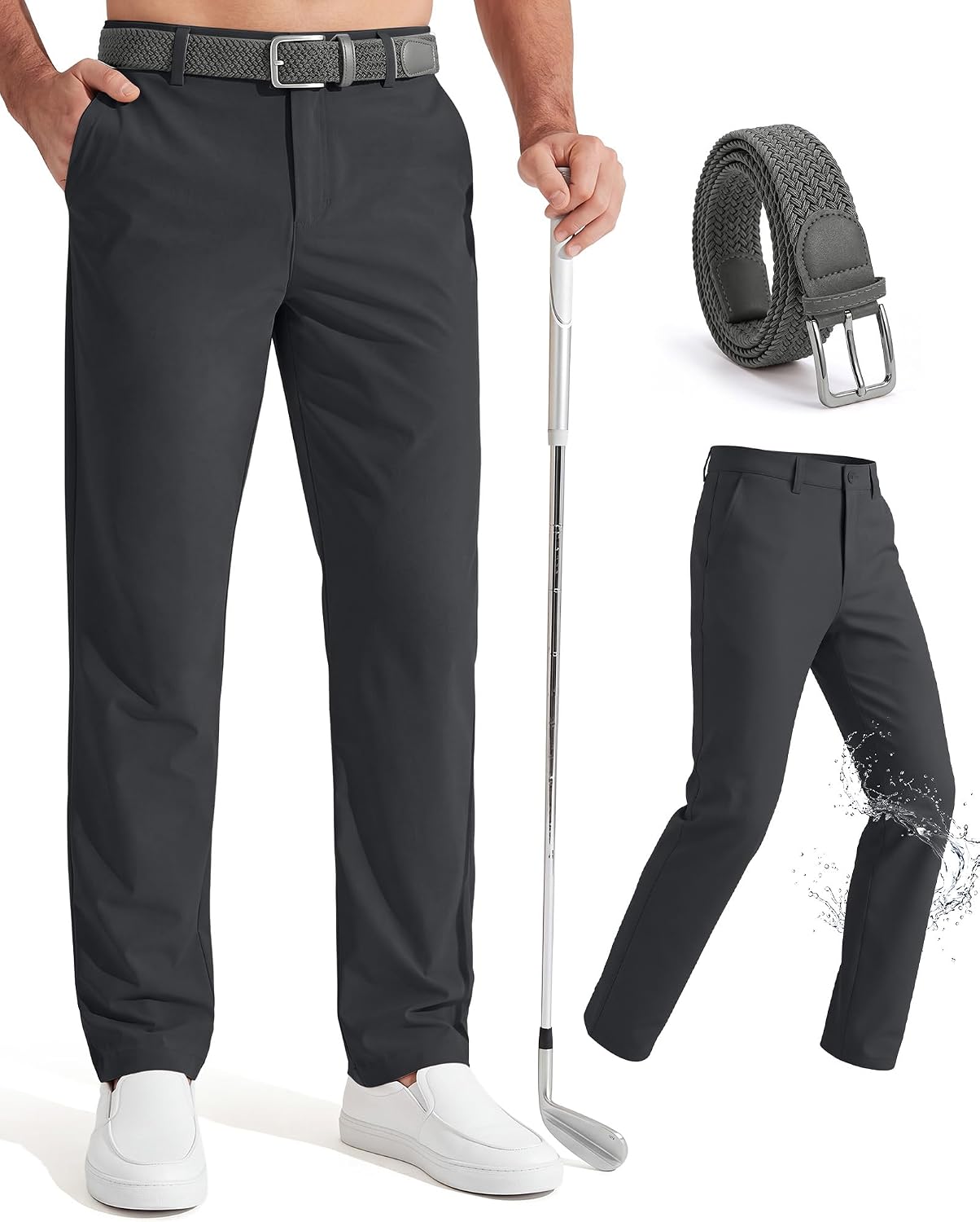Coume Men Golf Pants Stretch Work Dress Pants Casual Slim Fit Joggers Lightweight Quick Dry Running Travel with Belt Pockets