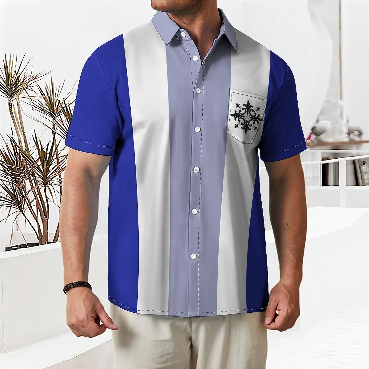 Retro Mens Soft Shirts Printed Bowling Holiday Short Sleeve Button-Down Casual Hawaiian Shirt