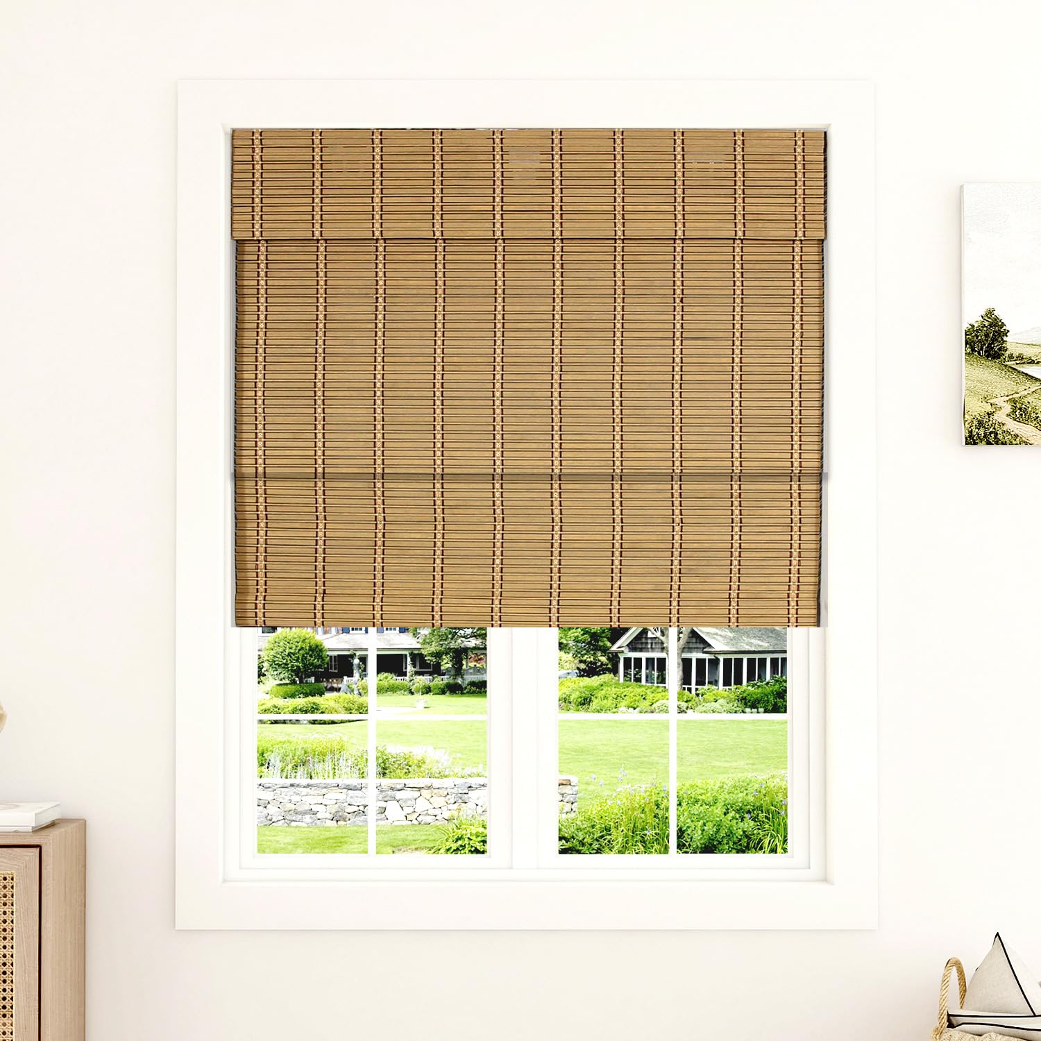 LUSTROWIN Custom Bamboo Blinds with Valance, Light Filtering Blinds for Indoor Windows, Blackout Cordless Roman Shades for Windows, Window Shades Pull Down, Window Blinds for Home, Tuscan Bread