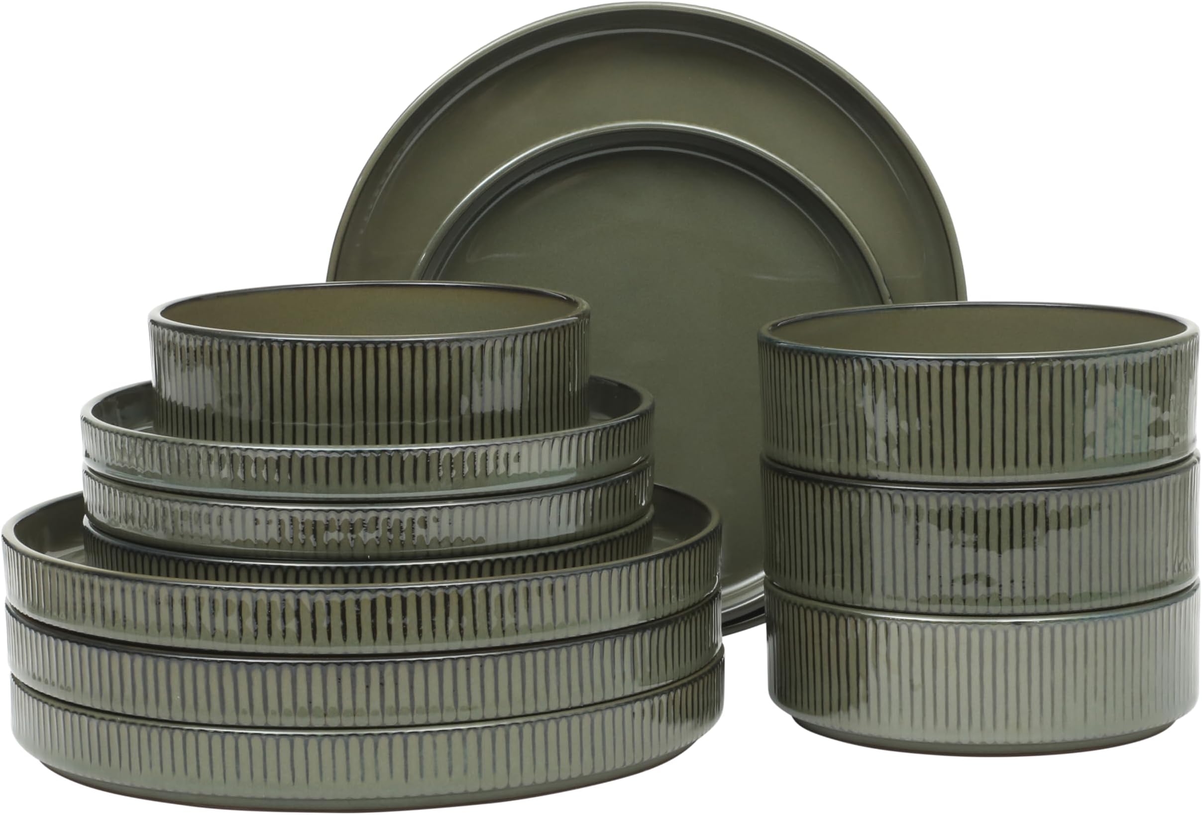 12 Piece (Service for 4) Townscape Plates and Bowls Reactive Glaze Embossed Round Dishes Terracotta Ceramic Dinnerware Set - Dark Green