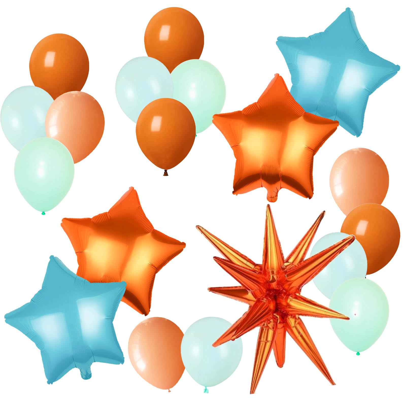Zestaw 21 balonów Showgirl – pomarańczowy balon foliowy z motywem eksplozji, balony z gwiazdami, pomarańczowe, miętowe i turkusowe, balony lateksowe, dekoracje na urodziny z motywem tancerki, 21 szt
