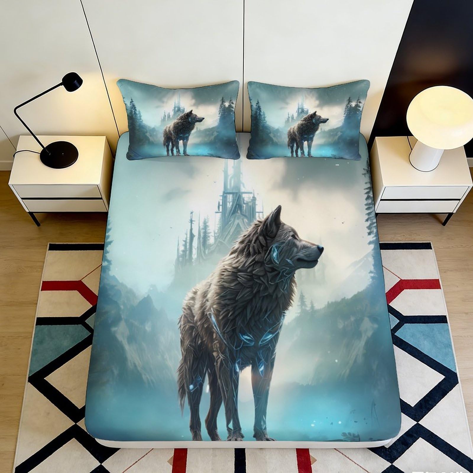3D Printed Wolf Forest Fitted Sheet Microfiber Soft Non-Slip Mattress Cover for Bedroom Dorm Easy Care Decor 90x200x25cm