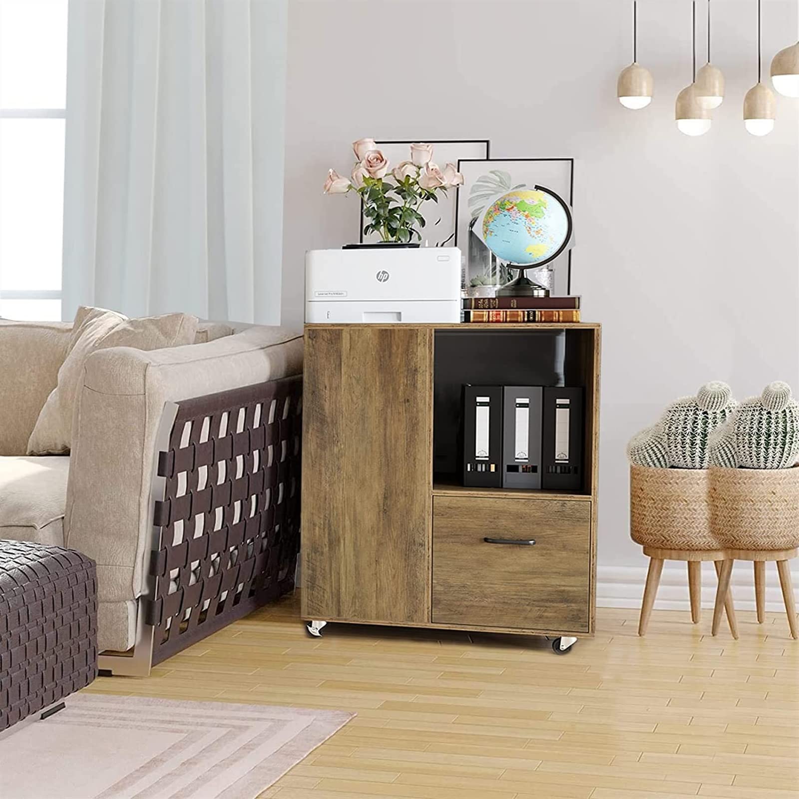 Soporte para impresora rodante con gabinete de oficina con ruedas y estantes abiertos, ideal para documentos y archivos