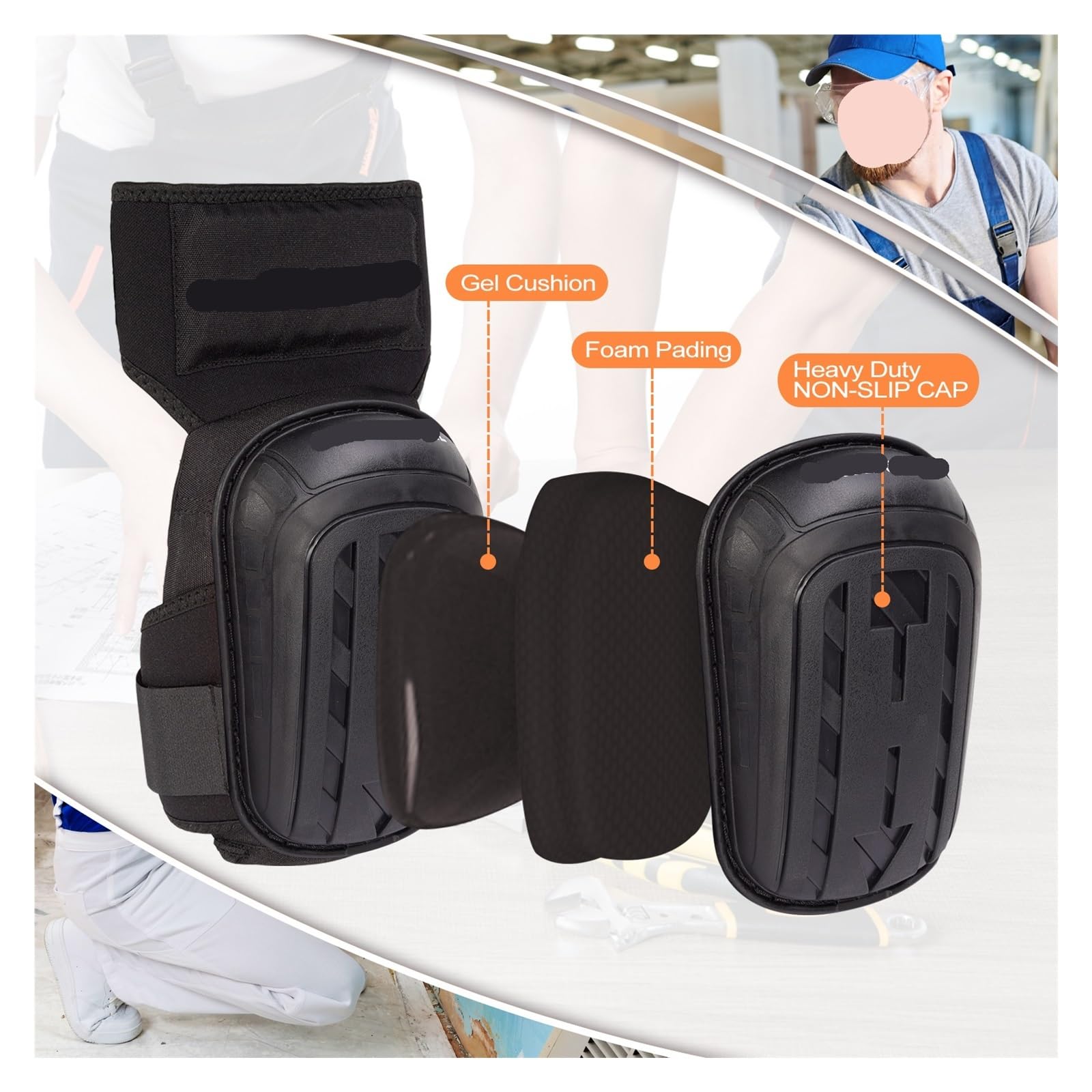 Genérico Rodilleras for Trabajo, construcción, jardinería, Pisos y Limpieza con Tapa Antideslizante Resistente: Gel Suave Acolchado de Espuma(Black)