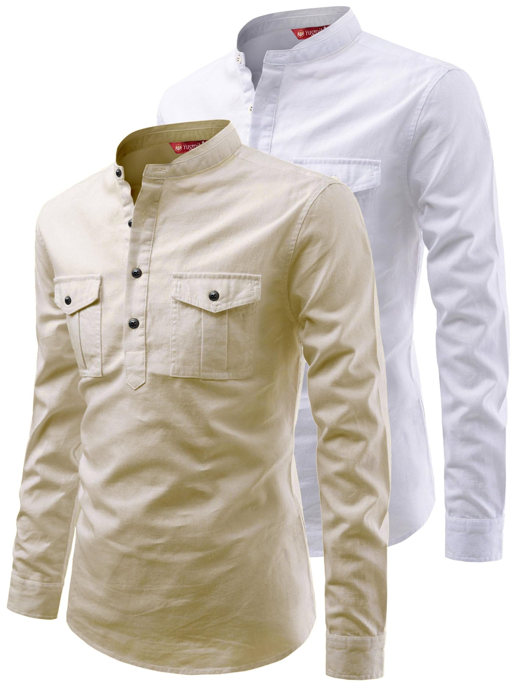 yugnik Men's Slim Fit Double Pocket Beige with White Cotton Short Kurta Pack 2-picture-22