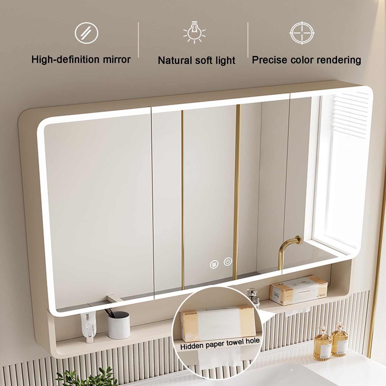 Armario con espejo de baño con luz antivaho, espejo de maquillaje, multifuncional, para almacenamiento de baño, mueble de tocador montado en la pared (60 x 70 cm (ancho x alto x alto)
