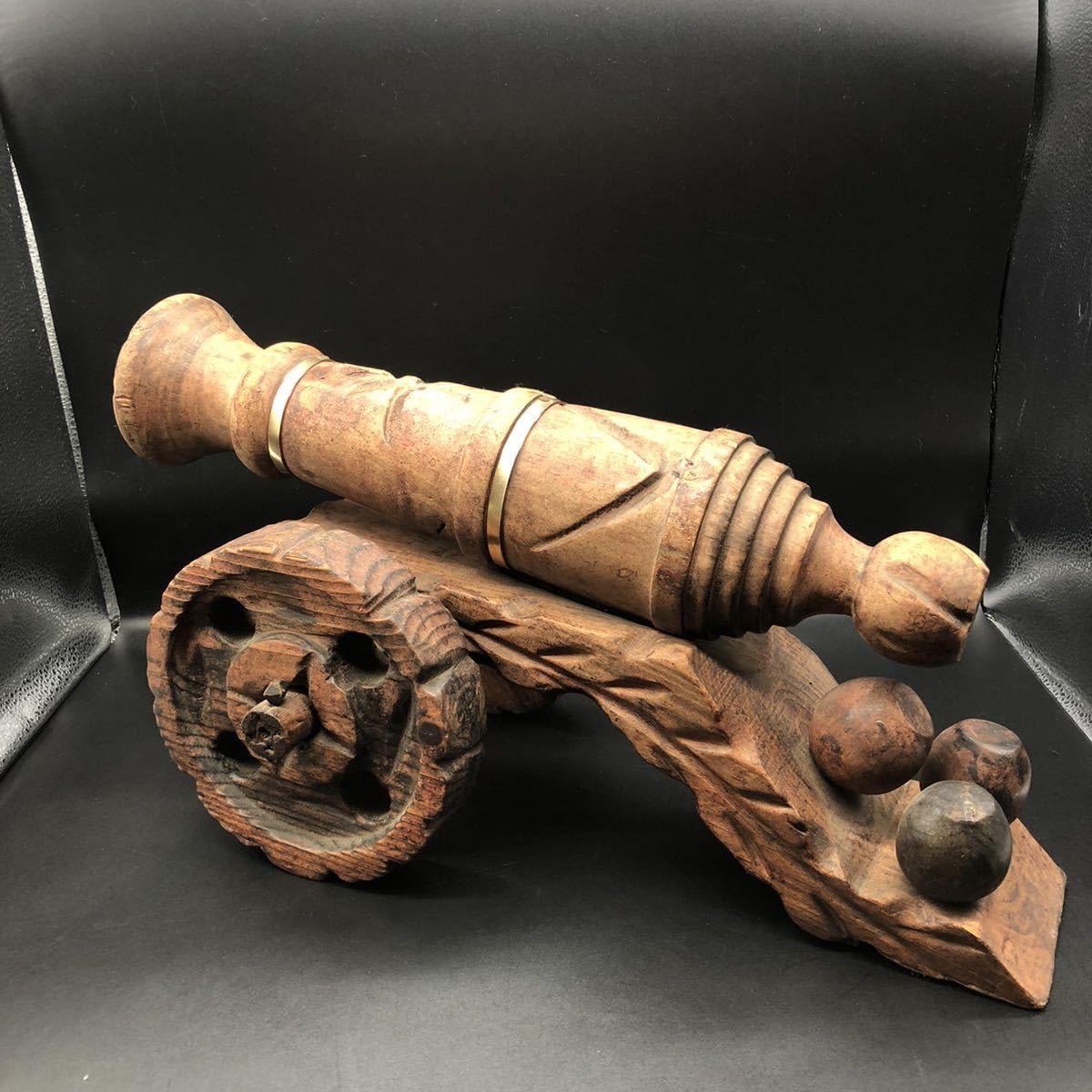 【希少品】スペイン 彫刻 木製 大砲 置物 ヴィンテージ レトロ レア 入手困難 ◇ヴィンテージ◇ 大砲 置物 大砲 インテリアレトロ 金属製 木製