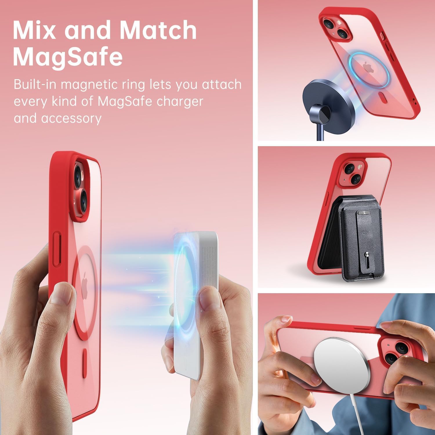oakxco Funda magnética transparente para iPhone 15, compatible con carga Magsafe, funda protectora delgada para iPhone 15, a prueba de golpes, silicona suave TPU y policarbonato duro, color rojo