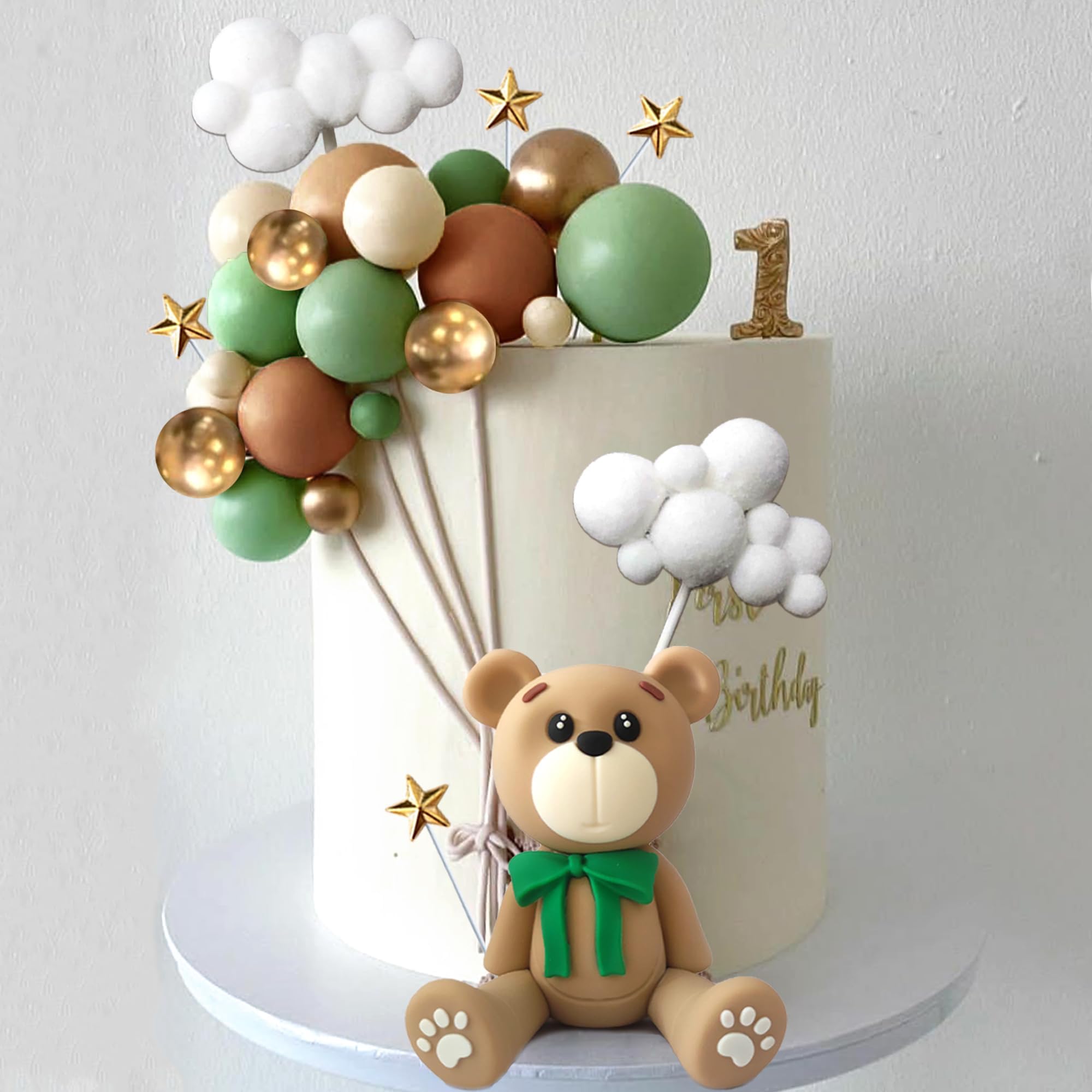 Bear Cake Toppers Bear Balls Cake Decorations with Stars Clouds Cake Toppers for Boy Girl Baby Shower Birthday Party Decorations (Green Bear Set)