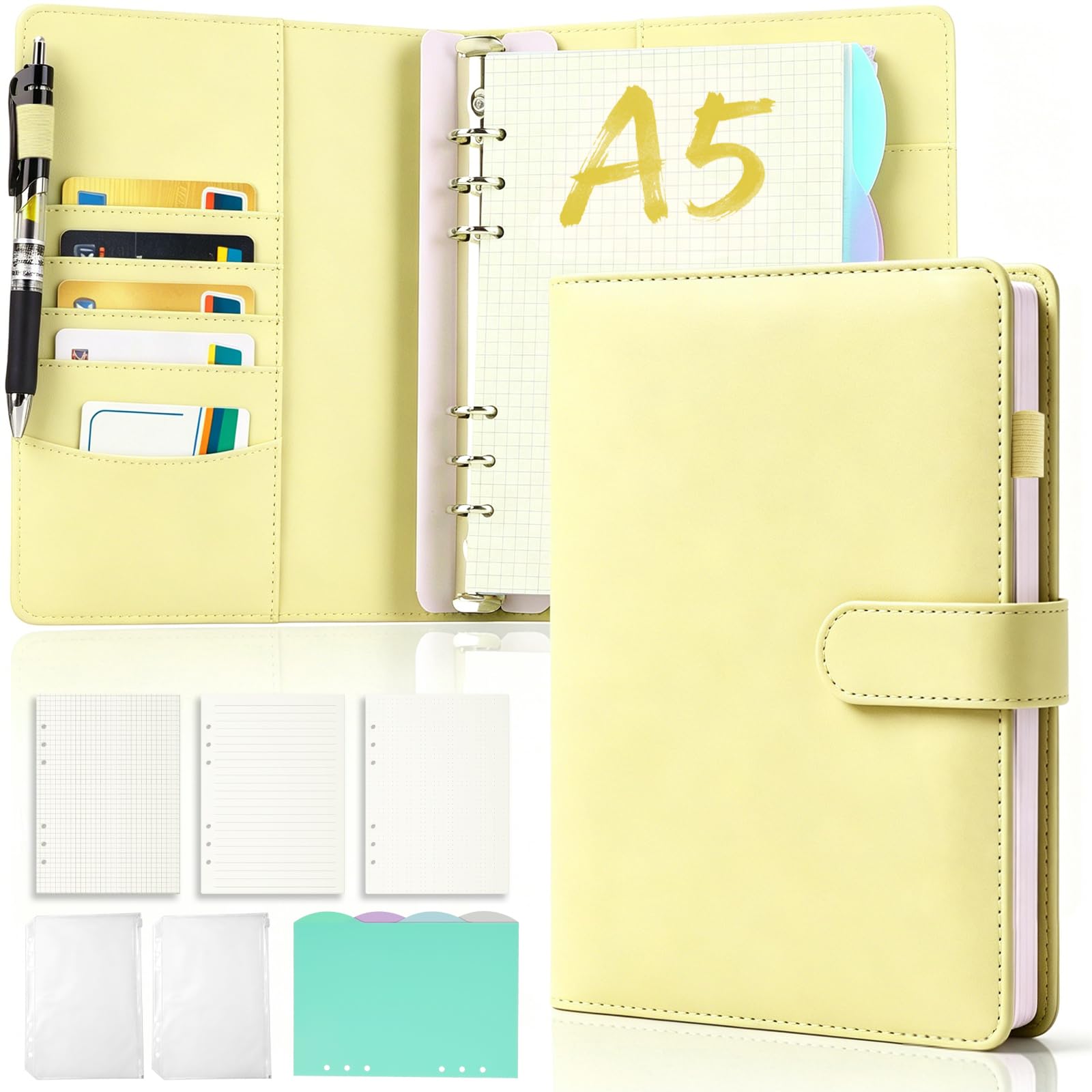 mawmuaw A5 Ring Binder Notebook 6 Ring PU Leather Planner(Yellow)