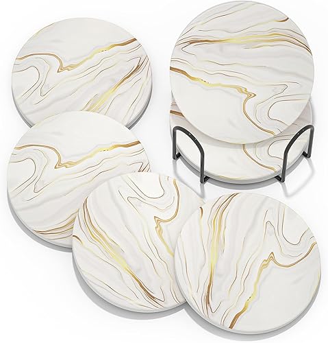 Miniatura 1 de Posavasos absorbentes con soporte, juego de 6 posavasos absorbentes, posavasos de ágata de cerámica de mármol, base de corcho para mesa de café,
